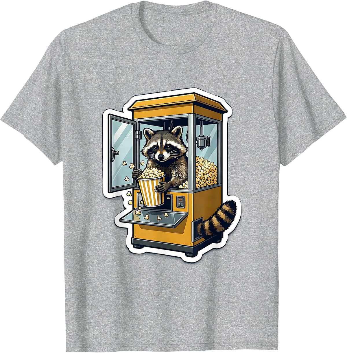 Men's Masked Raccoon Popcorn Machine Absurd Humor Sticker Style T-Shirt - Heather Grey