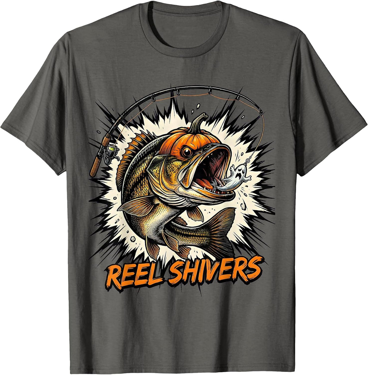 Reel Shivers Comic Book Spooky Halloween Fishing Gift T-Shirt - Asphalt Grey