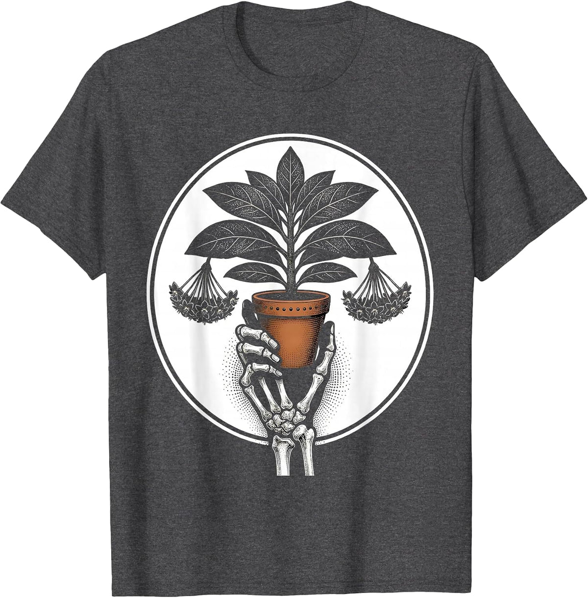 Men's Skeletal Hand Hoya Blackwork Plant Lover Grunge Humor T-Shirt - Dark Heather Grey