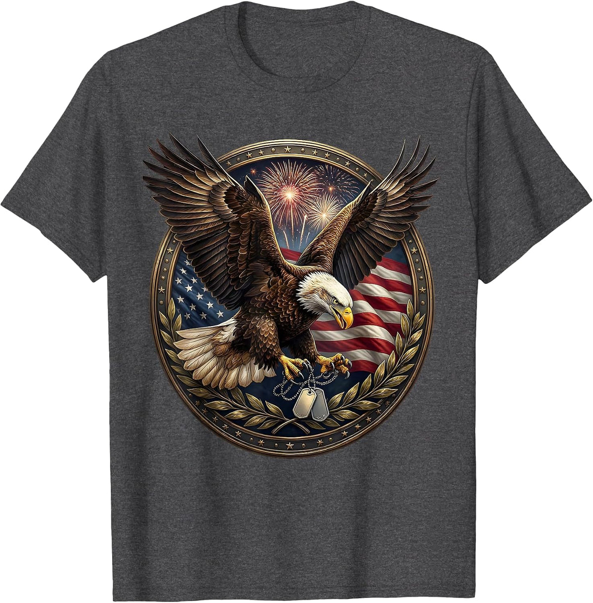 Bald Eagle Military Dog Tags US Army Graphic T-Shirt - Dark Heather Grey