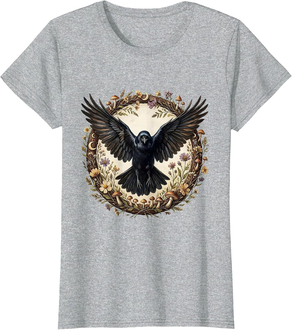 Crow in Flight Spread Wings Bird Art T-Shirt - Heather Grey