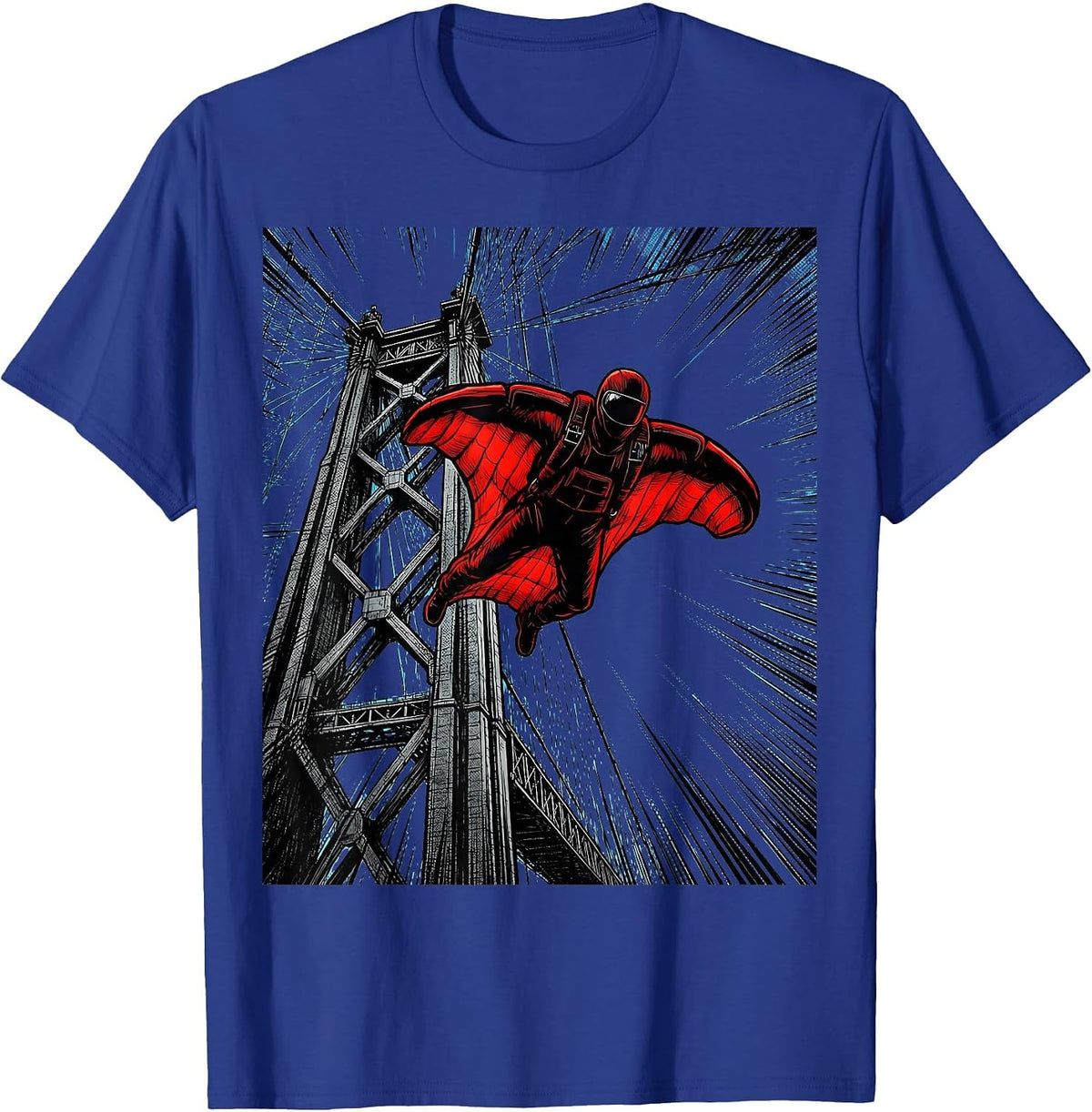 Base Jumper Launching From Suspension Bridge Tower T-Shirt - Royal Blue