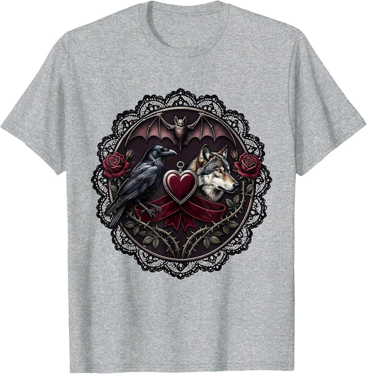 Men's Crow and Wolf Side by Side Wildlife Art Design T-Shirt - Heather Grey