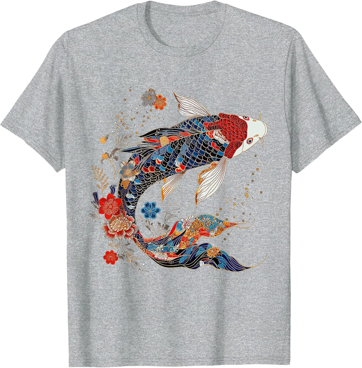 Koi Fish Vintage Flower Pattern Japanese Art Floral Koi Carp T-Shirt - Heather Grey