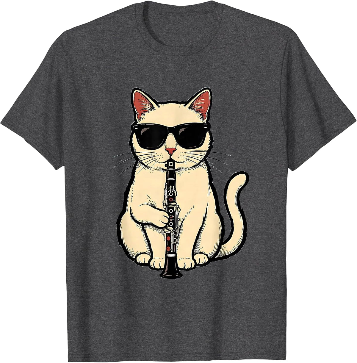 Men's Funny Cat Wearing Sunglasses Playing Clarinet Musician T-Shirt - Dark Heather Grey