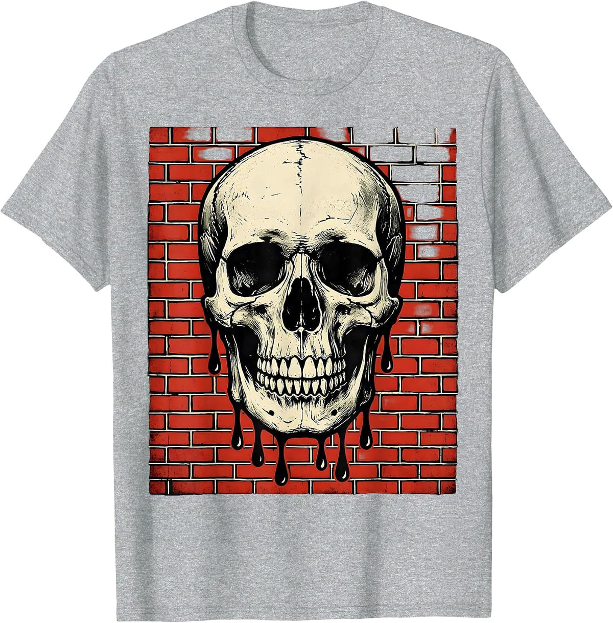 Men's Grunge Dripping Skull on Exposed Brick T-Shirt - Heather Grey
