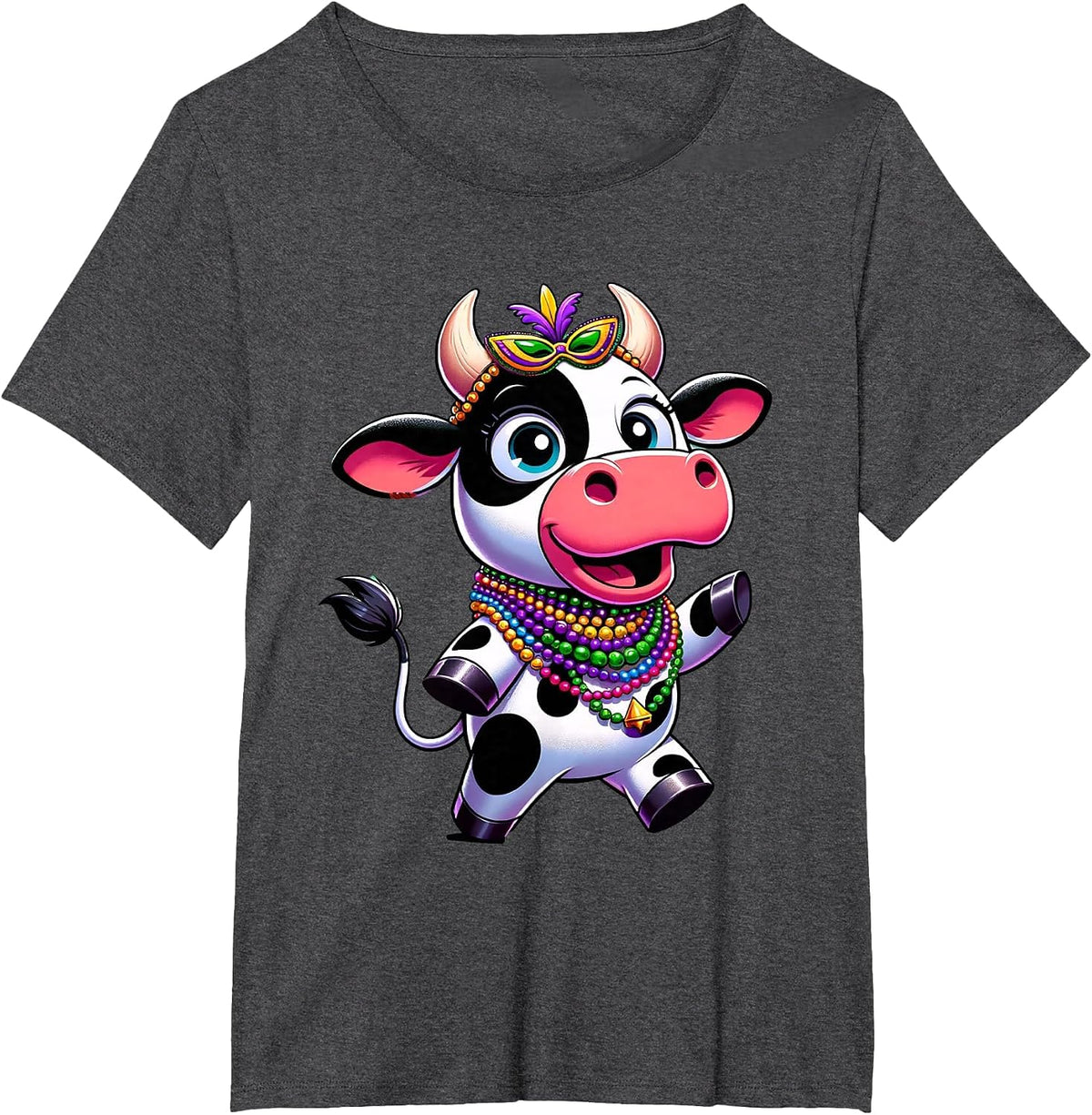 Mardi Gras Cow Wearing Mardi Gras Costume Beads T-Shirt - Dark Heather Grey