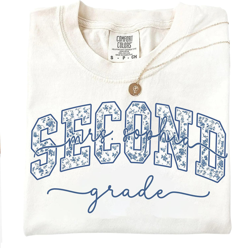Personalized Grade Level Teacher Shirt, Custom Name Varsity Floral Letter Tee, Back to School Classroom Outfit - Second