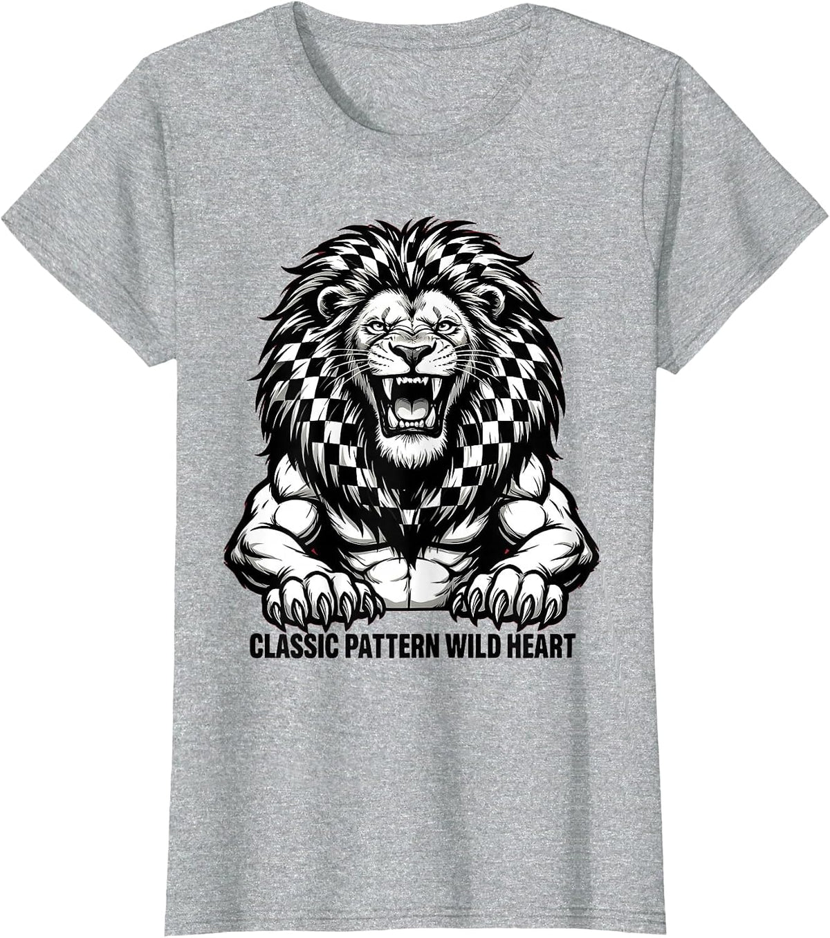 Classic Pattern Wild Heart Checkered Design T-Shirt - Heather Grey