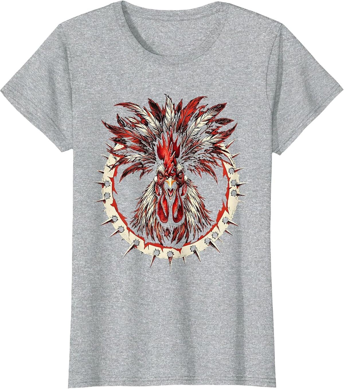 Rooster King Feather Crown Illustration T-Shirt - Heather Grey