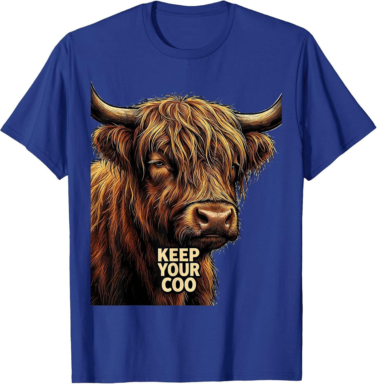 Men's Keep Your Coo Funny Highland Cow Cartoon Humor T-Shirt - Royal Blue