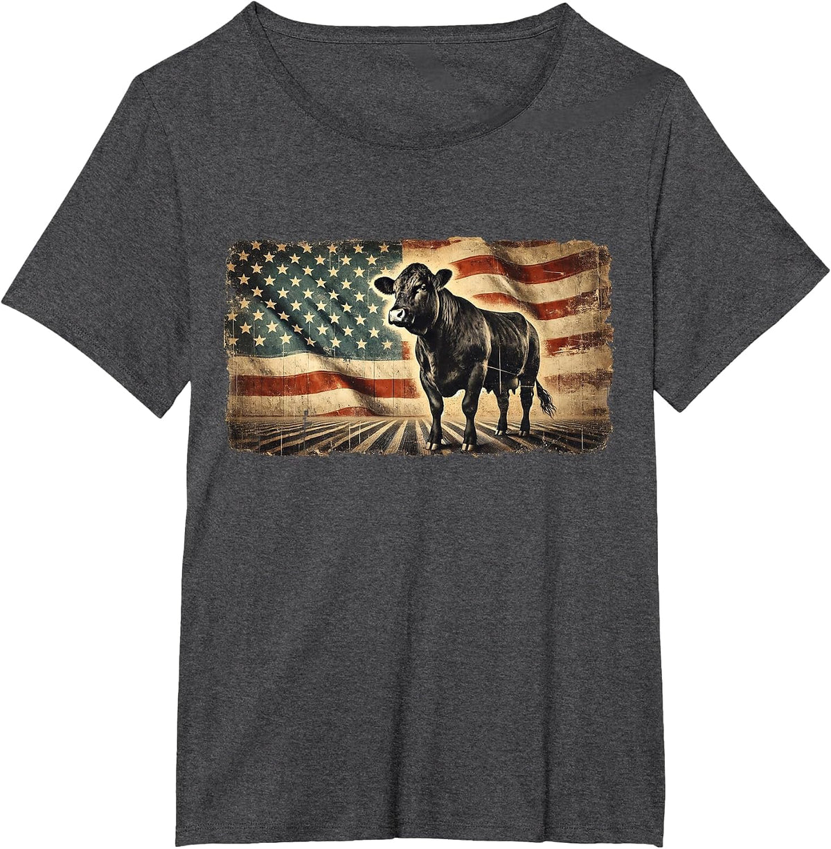 Angus Rancher USA American Flag Cow T-Shirt - Dark Heather Grey