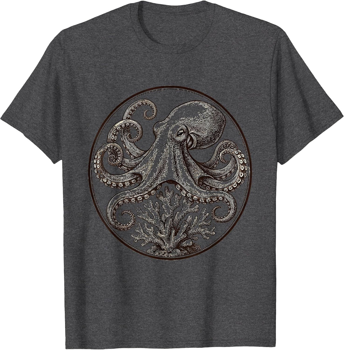 Octopus Curled Around Coral Reef Illustration T-Shirt - Dark Heather Grey
