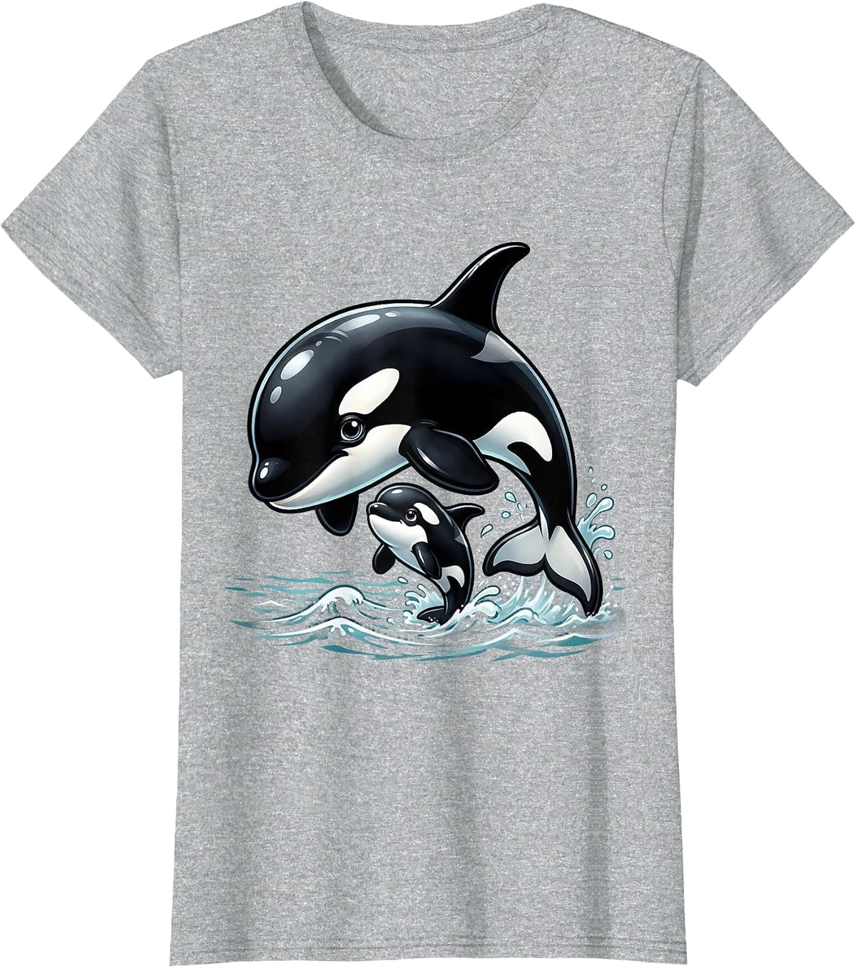 Mama and Baby Orca Ocean Wildlife Design T-Shirt - Heather Grey