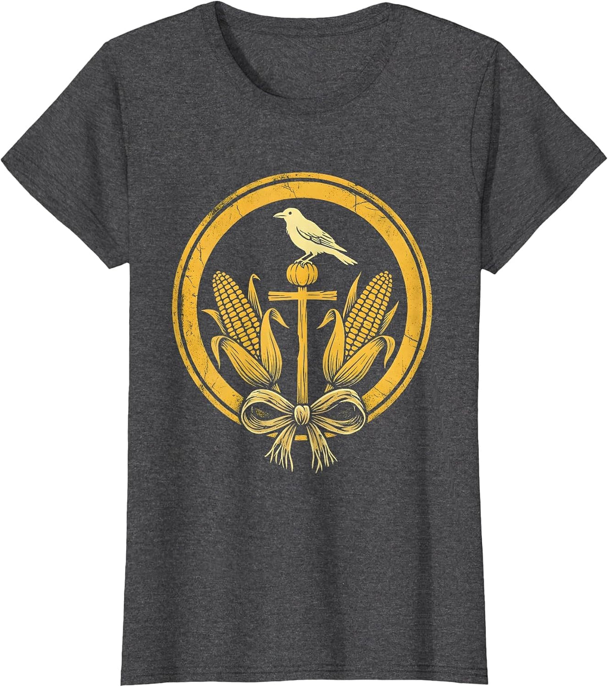 Women's Crow on Scarecrow Fall Cornfield Illustration T-Shirt - Dark Heather Grey