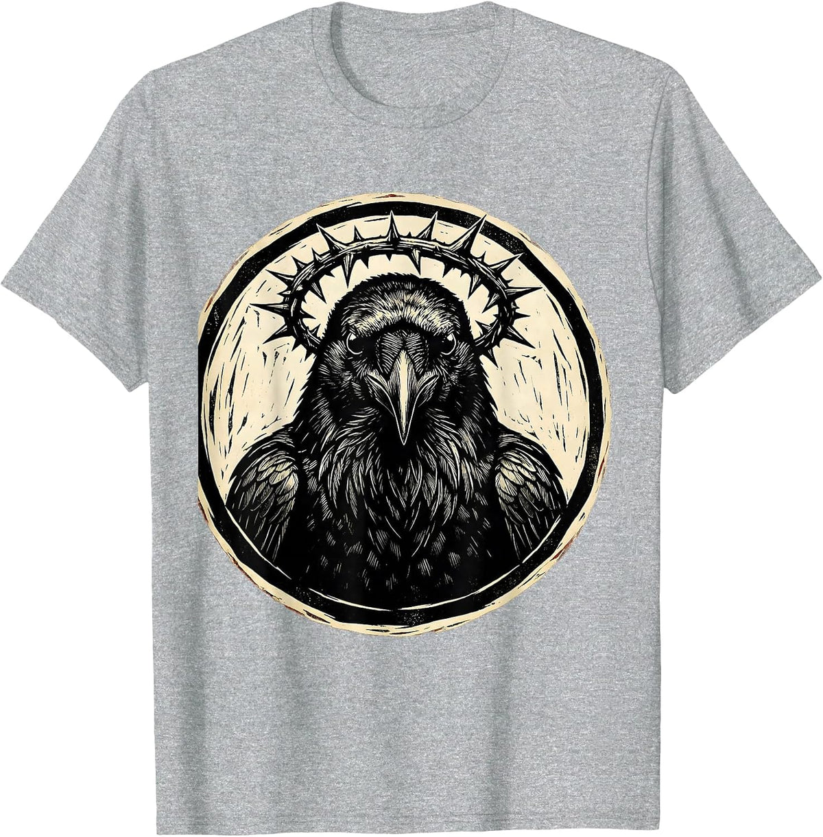 Men's Crow Wearing Crown of Thorns Illustration T-Shirt - Heather Grey