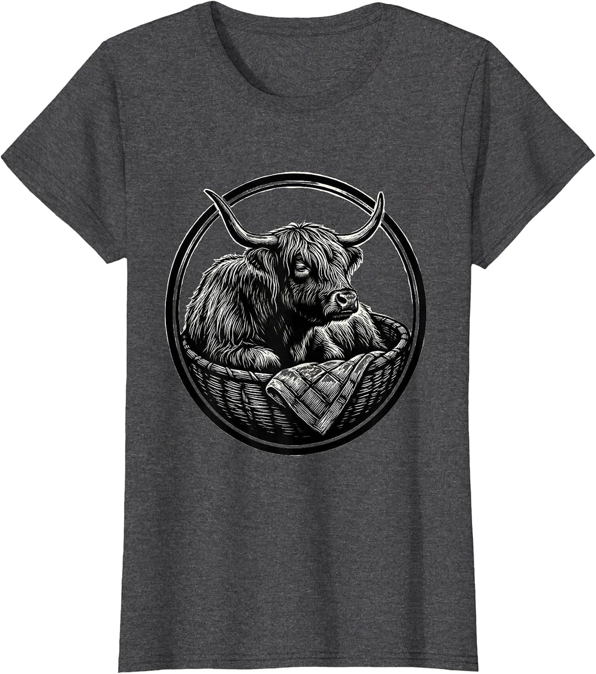 Women's Highland Cow Sleep Basket Cozy Scratchboard Art T-Shirt - Dark Heather Grey