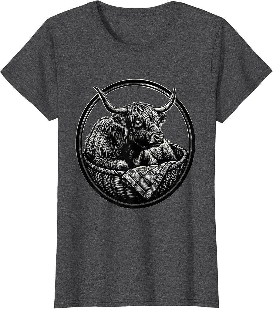 Women's Highland Cow Sleep Basket Cozy Scratchboard Art T-Shirt - Dark Heather Grey