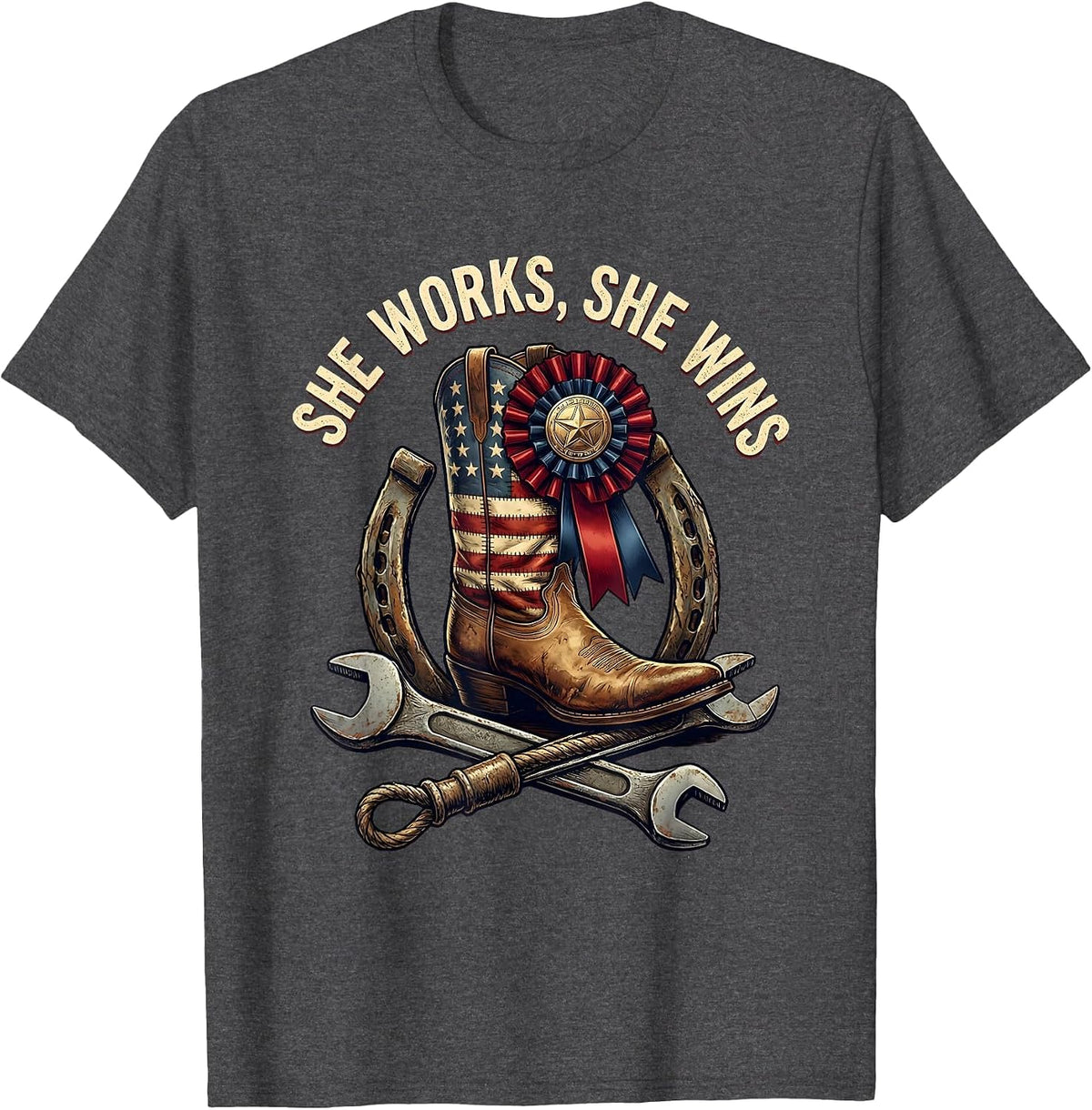 She Works She Wins Labor Day Graphic Design T-Shirt - Dark Heather Grey