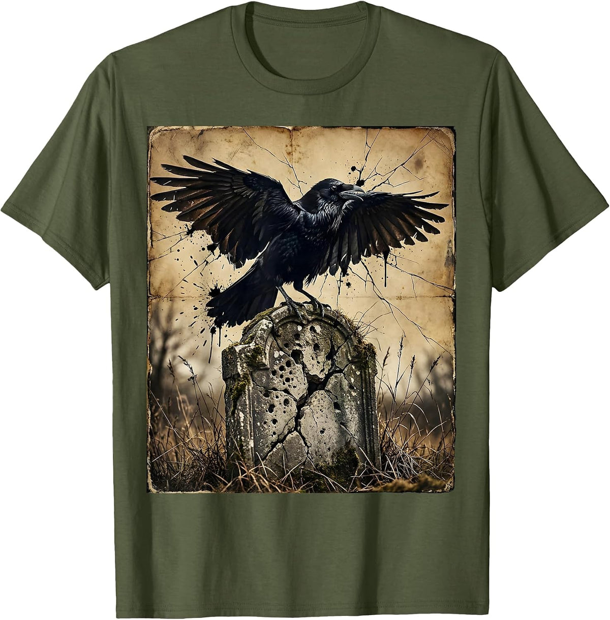 Crow on Gravestone Spooky Season Halloween Art T-Shirt - Olive Green
