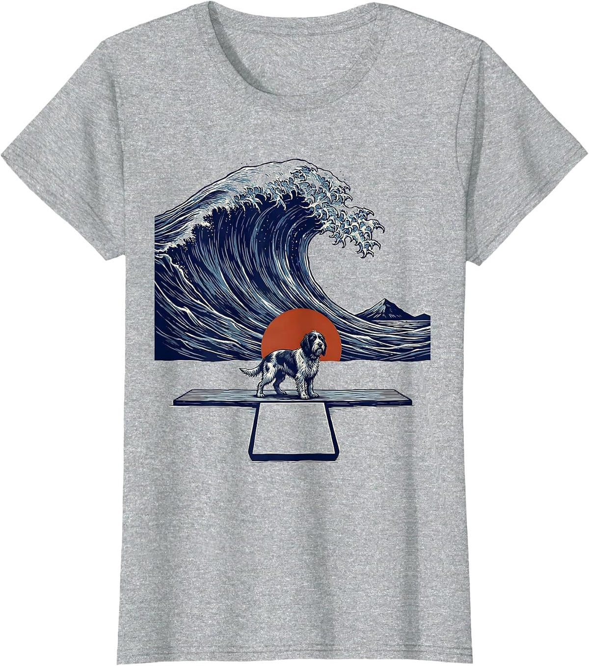 Wirehaired Griffon Surfing Great Wave Dog Breed Art T-Shirt - Heather Grey