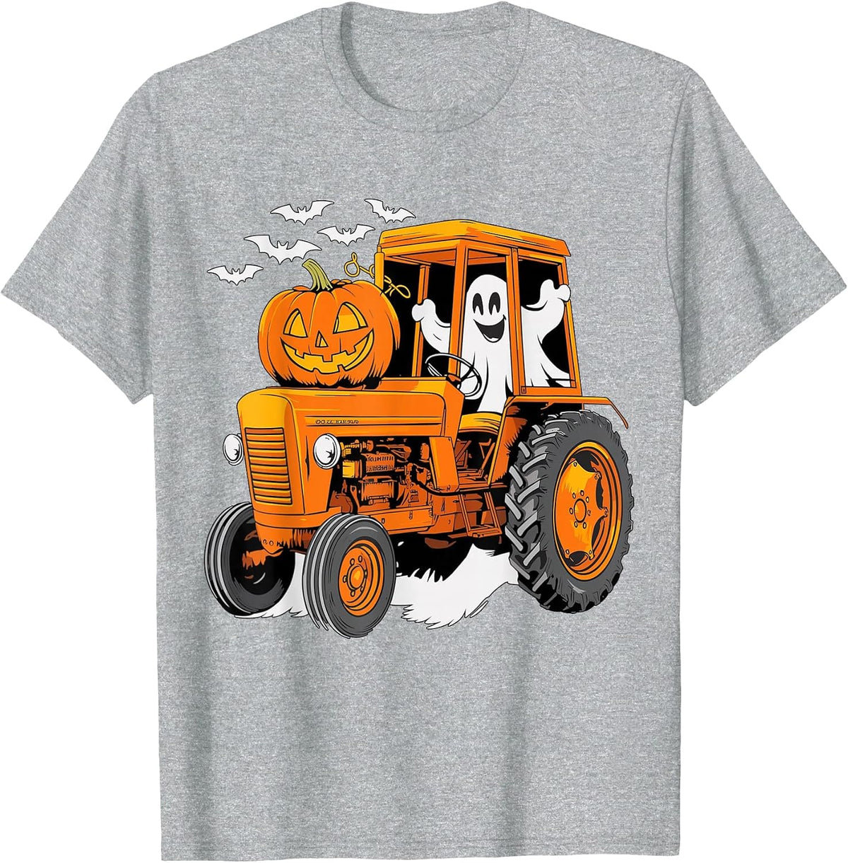 Farmer Tractor Ghost and Pumpkin Halloween Costume T-Shirt - Heather Grey