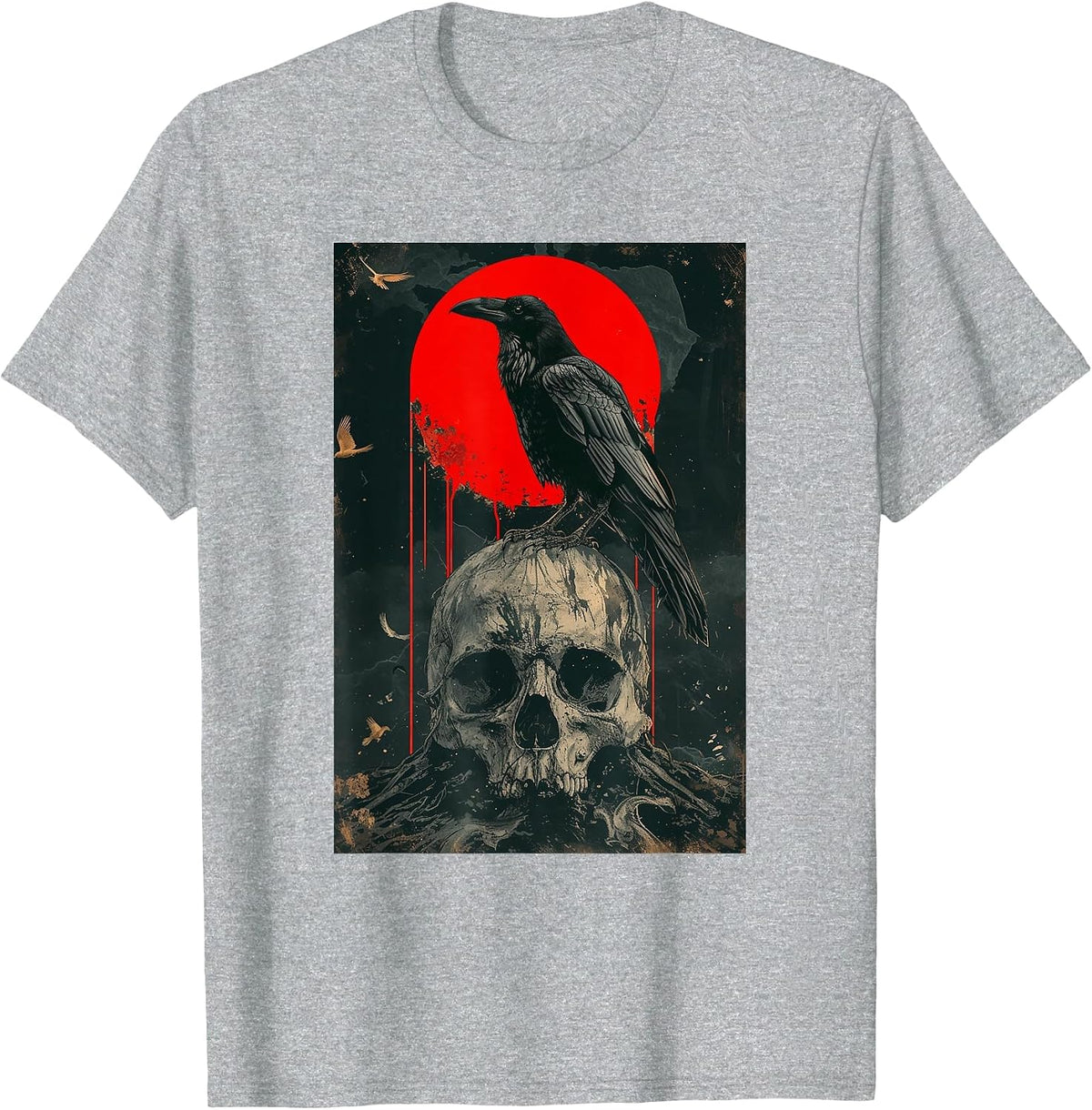 Red Moon Black Gothic Raven Graphic Skull Black Crow T-Shirt - Heather Grey
