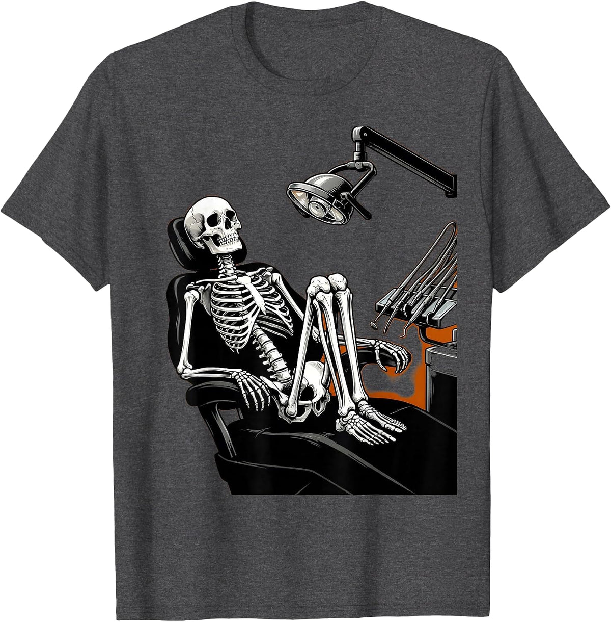 Nervous Skeleton at the Dentist Funny Halloween T-Shirt - Dark Heather Grey