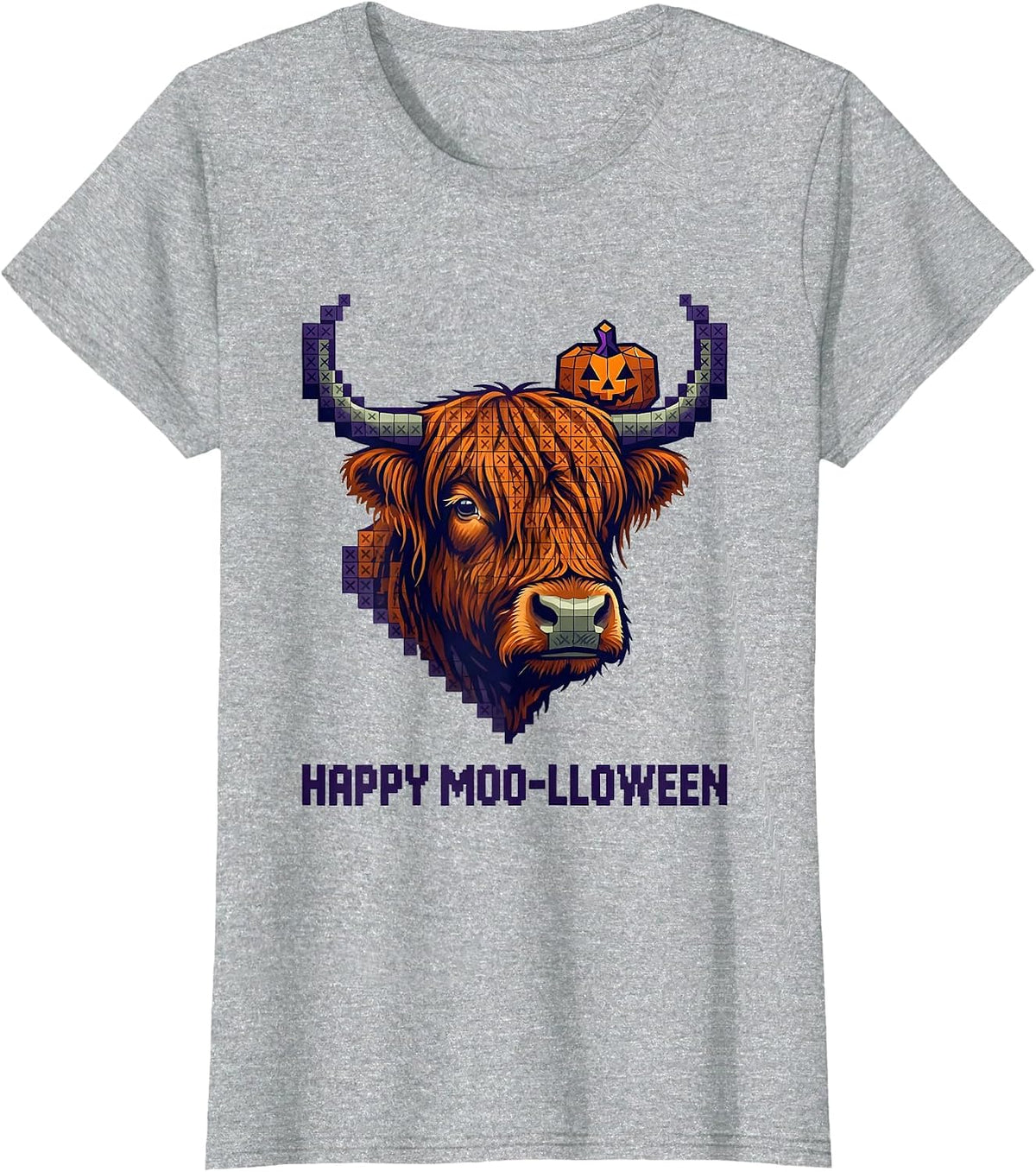 Women's Happy Moo-lloween Cross Stitch Sampler Highland Cow Holiday T-Shirt - Heather Grey