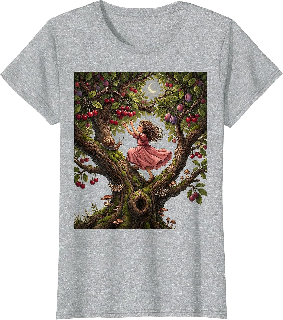 Girl Climbing Tree Ripe Fruit Illustration T-Shirt - Heather Grey