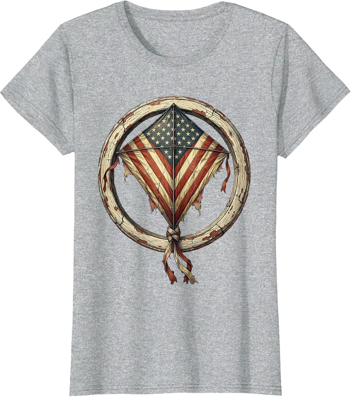 American Flag Kite Soaring Over Open Field T-Shirt - Heather Grey