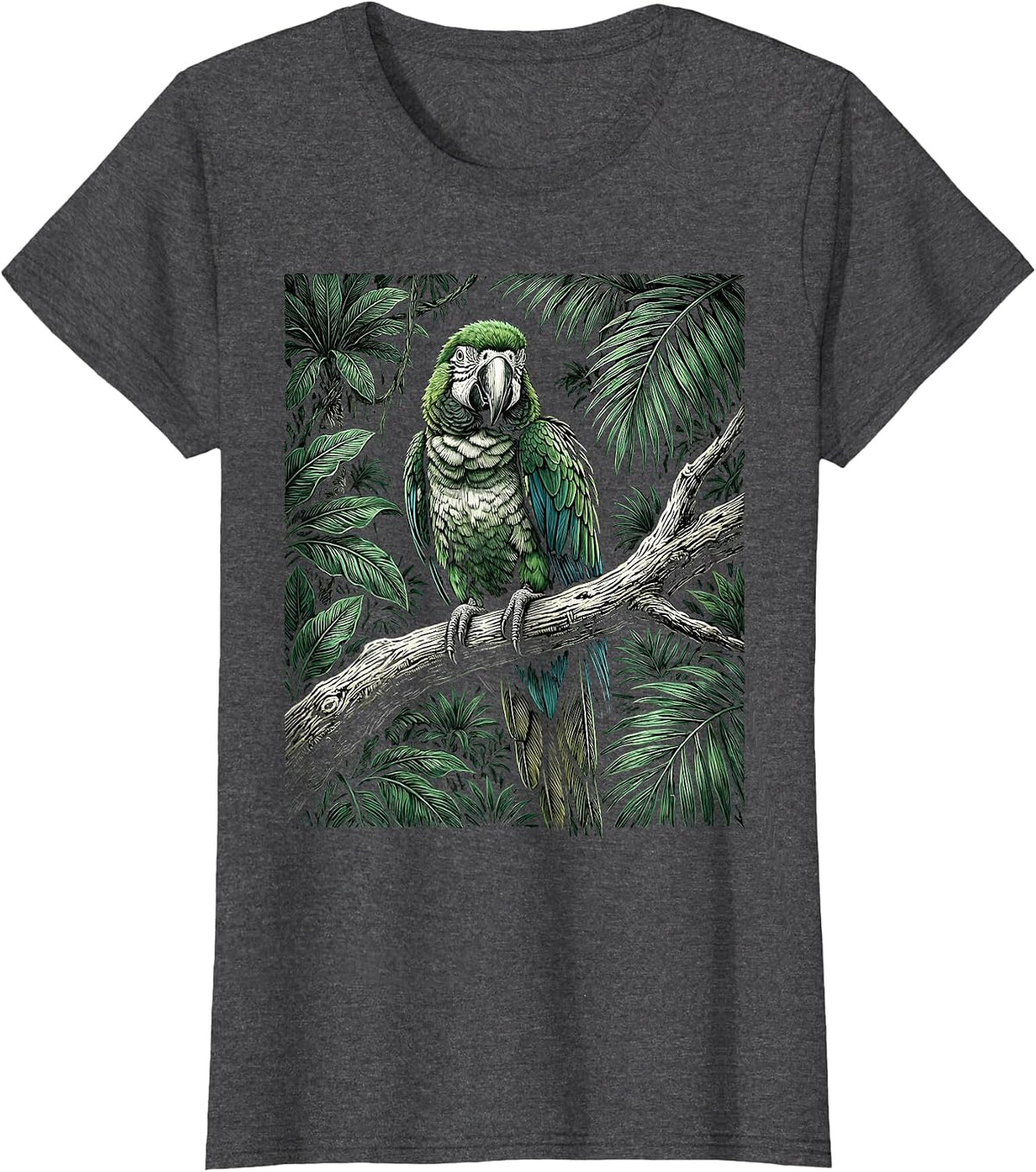 Women's Parakeet on Tropical Jungle Branch Illustration T-Shirt - Dark Heather Grey