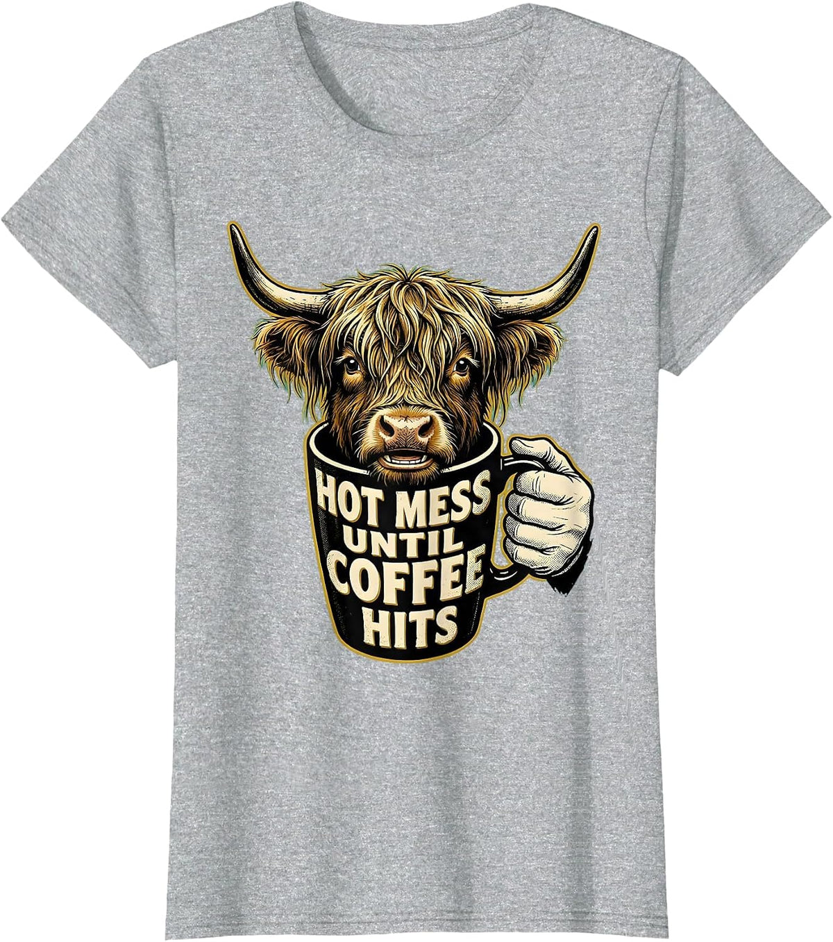 Women's Hot Mess Until Coffee Hits Retro Cartoon Highland Cow Coffee T-Shirt - Heather Grey