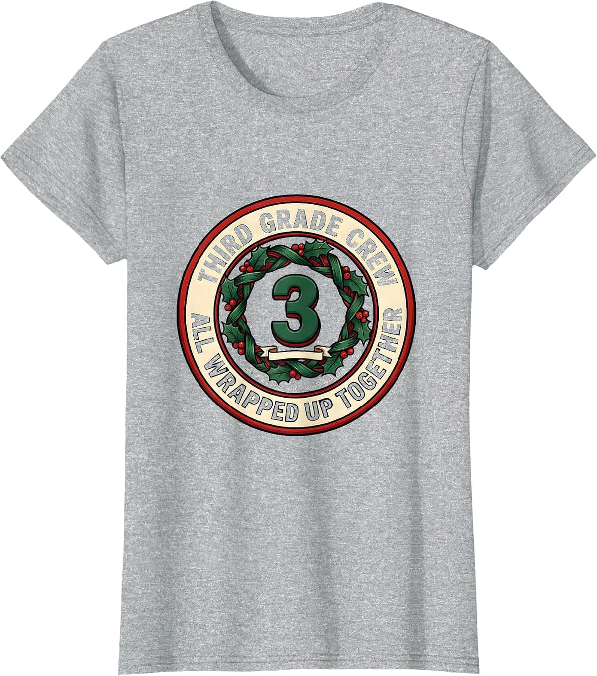 Third Grade Crew, All Wrapped Up Together Teacher Christmas T-Shirt - Heather Grey