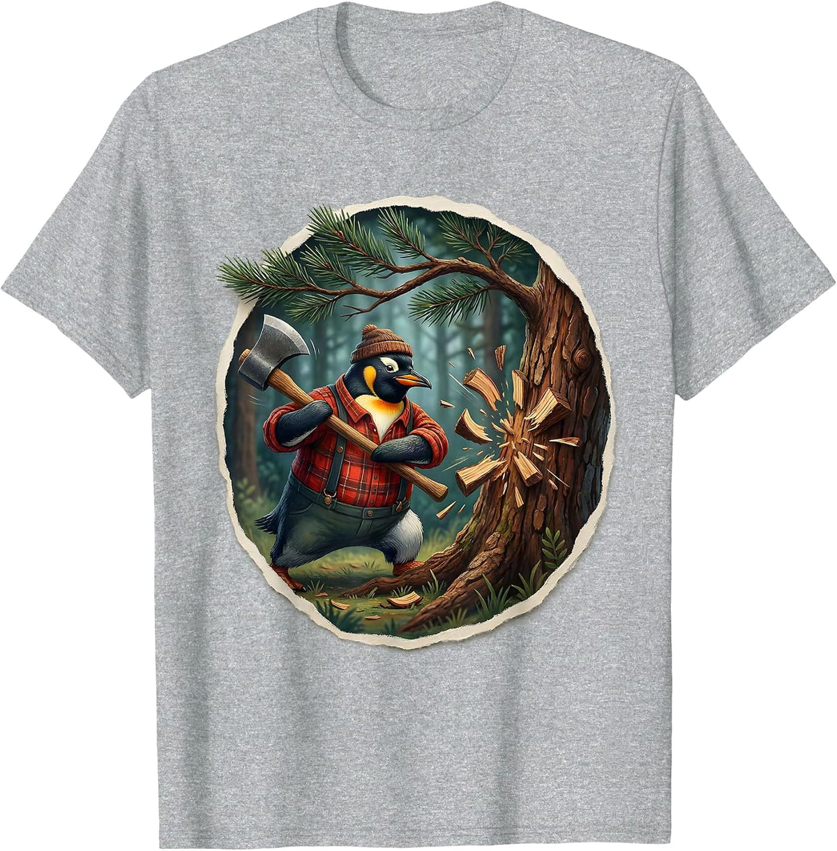 Men's Penguin Lumberjack Swinging Axe at Giant Tree T-Shirt - Heather Grey