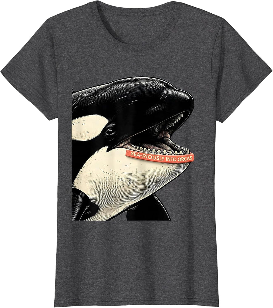 Women's Sea-riously Into Orcas Funny Ocean Animal Novelty Humor T-Shirt - Dark Heather Grey
