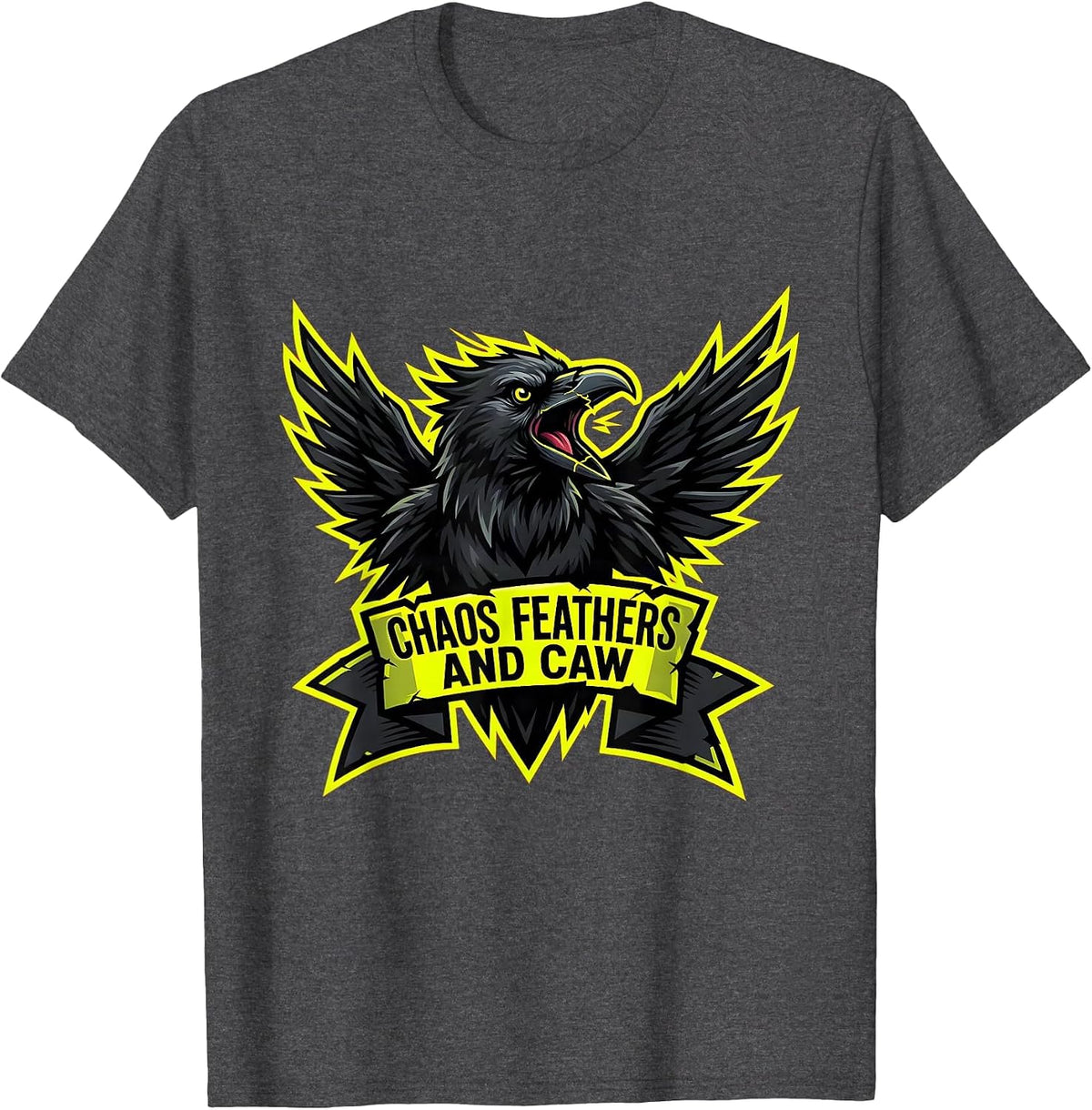 Men's Chaos Feathers and Caw Crow Design T-Shirt - Dark Heather Grey