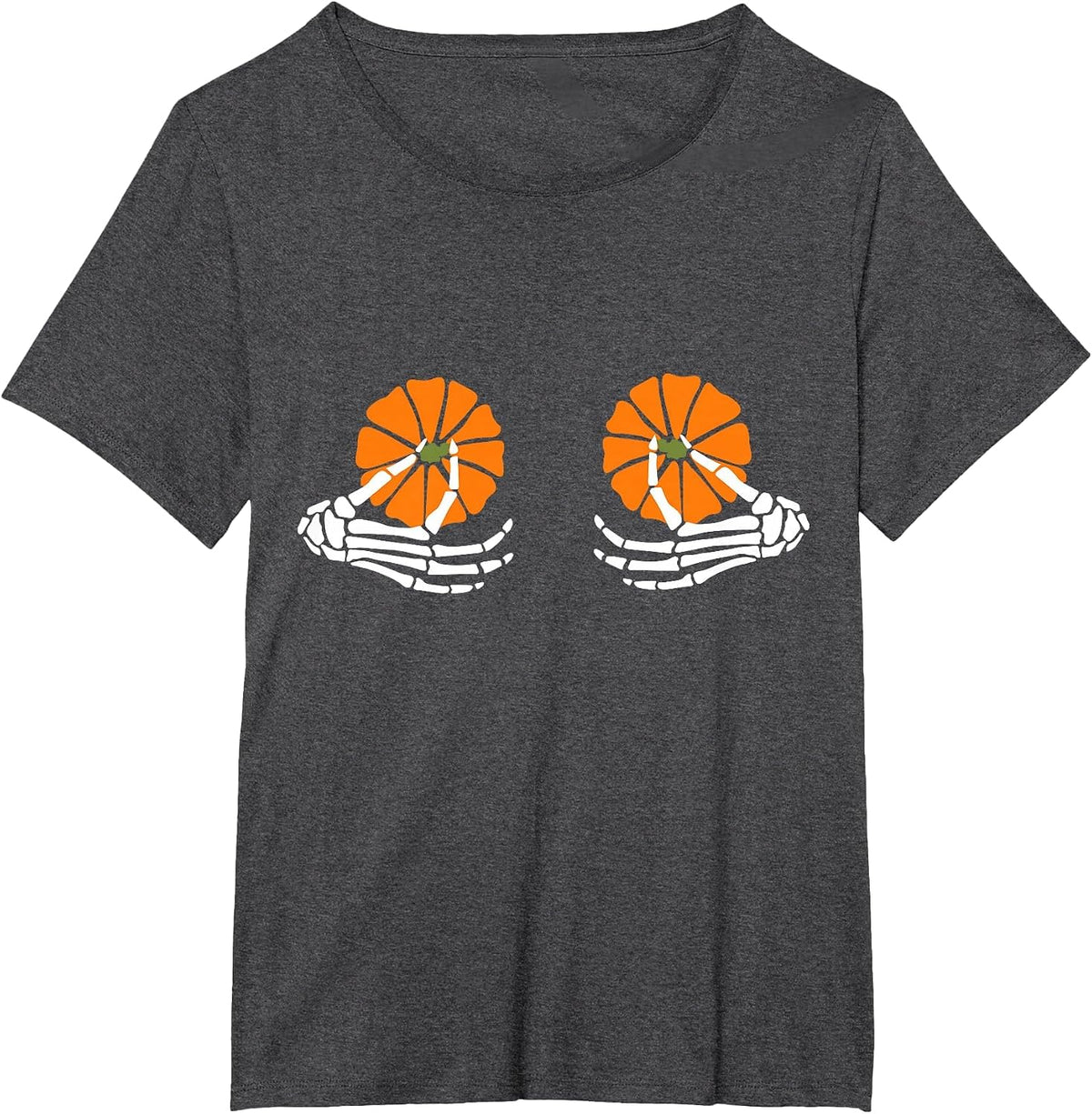 Breasts Pumpkin Skeleton Hand Halloween T-Shirt - Dark Heather Grey