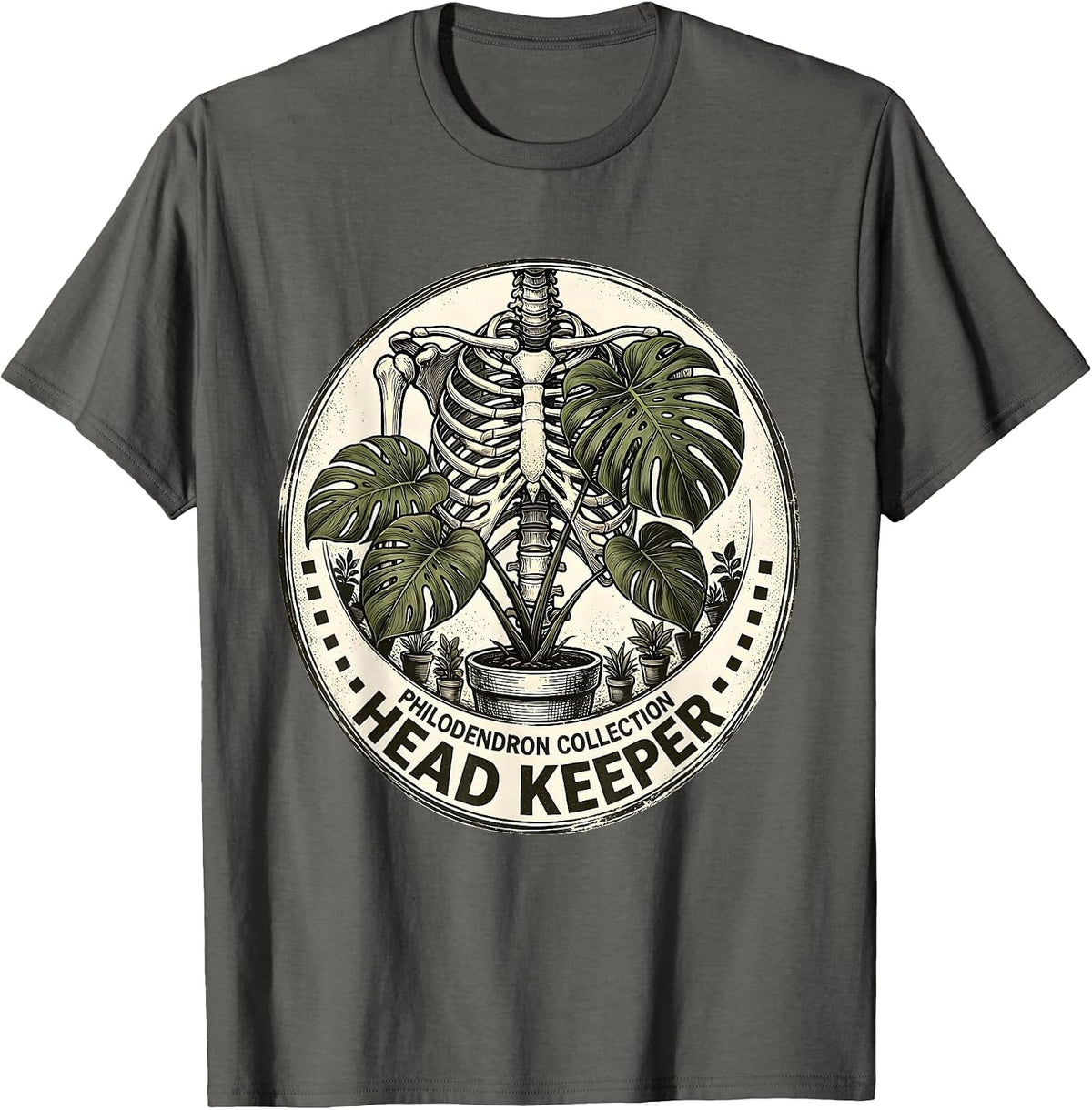 Philodendron Collection Head Keeper Skeleton Plant Lover T-Shirt - Asphalt Grey