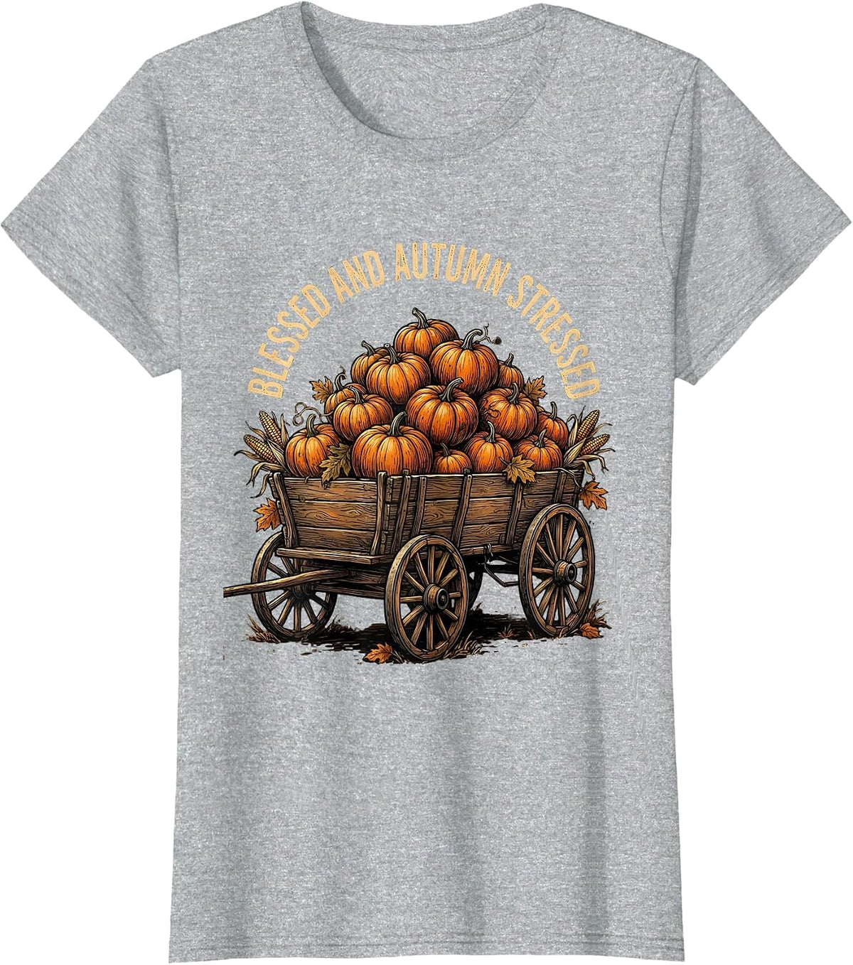 Blessed and Autumn Stressed Pumpkin Wagon Design T-Shirt - Heather Grey