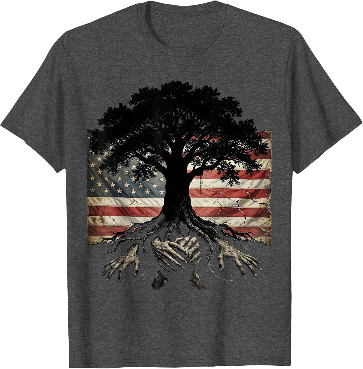 God Family Country Strong Oak Tree Roots Design T-Shirt - Dark Heather Grey