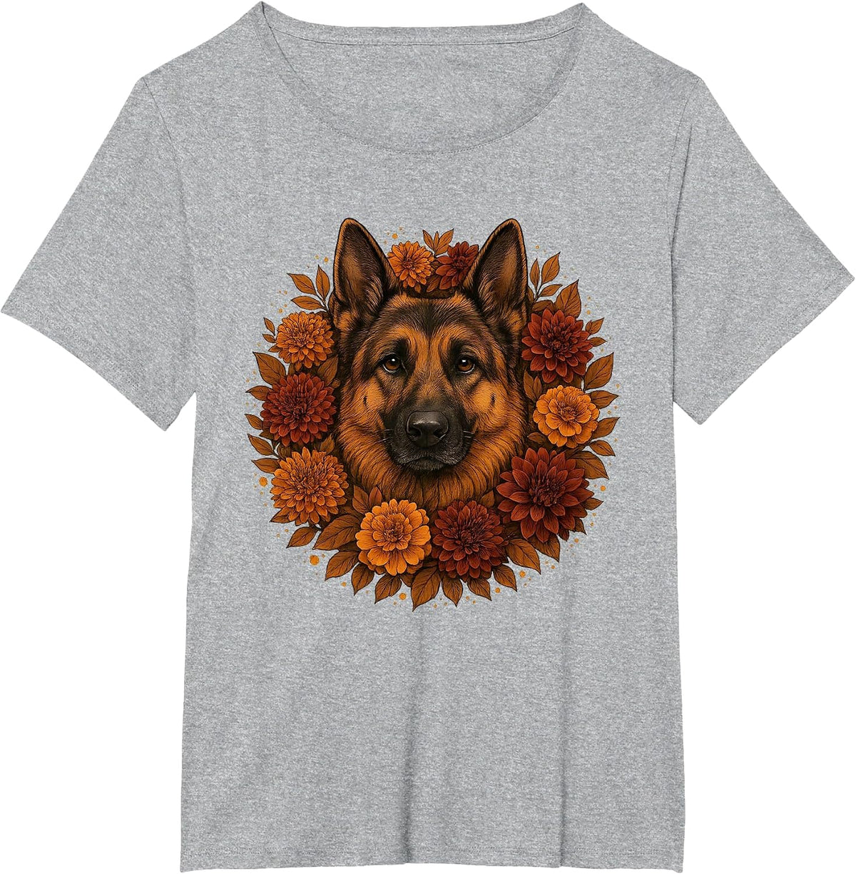Vintage German Shepherd Autumn Floral Dog Fall Flowers T-Shirt - Heather Grey