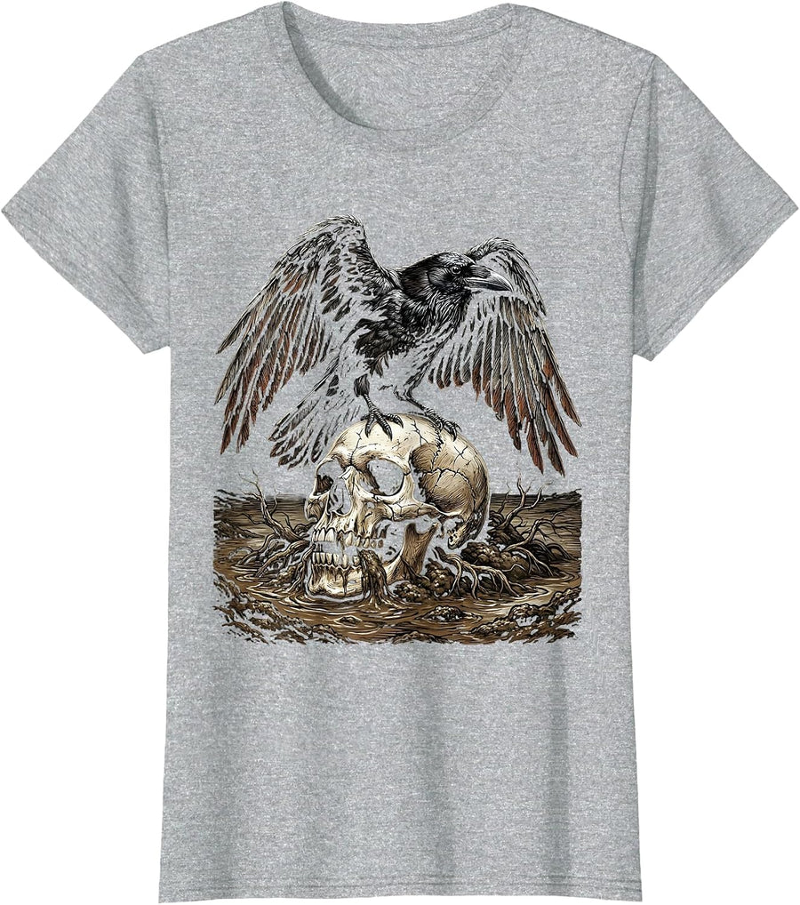 Crow Perched on Zombie Skull in Mud Gothic Art T-Shirt - Heather Grey