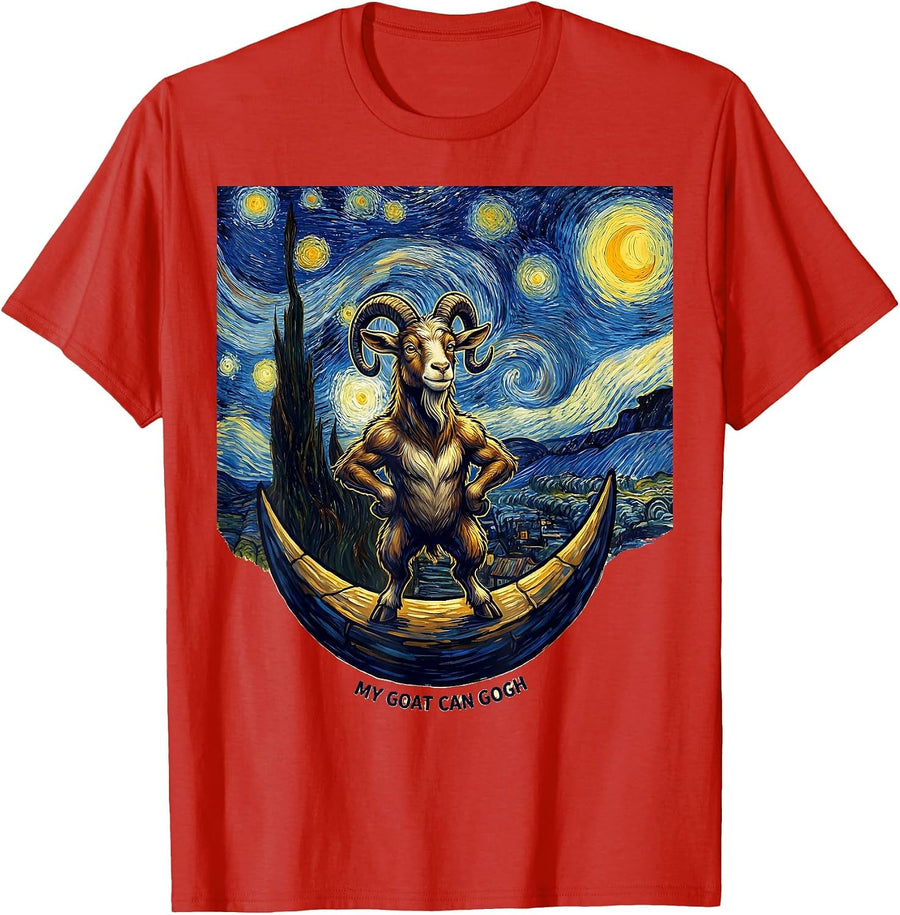 Men's My Goat Can Gogh Cartoon Goat Art Parody Humor T-Shirt - Red
