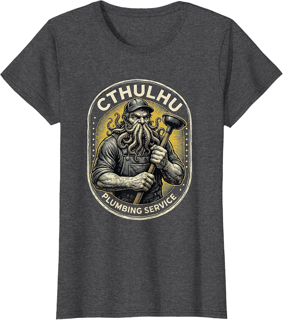 Women's Cthulhu Plumbing Service Funny Horror Fan Cosmic Parody T-Shirt - Dark Heather Grey