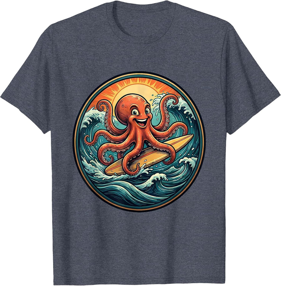 Octopus Surfer Riding Waves Graphic Tee T-Shirt - Heather Blue