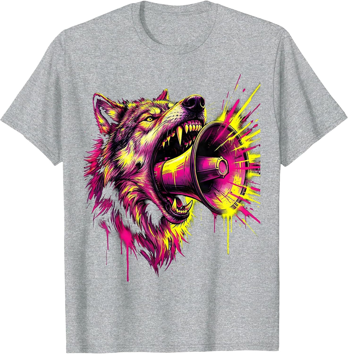 Men's Wolf Howling Megaphone Rock Music Graphic T-Shirt - Heather Grey