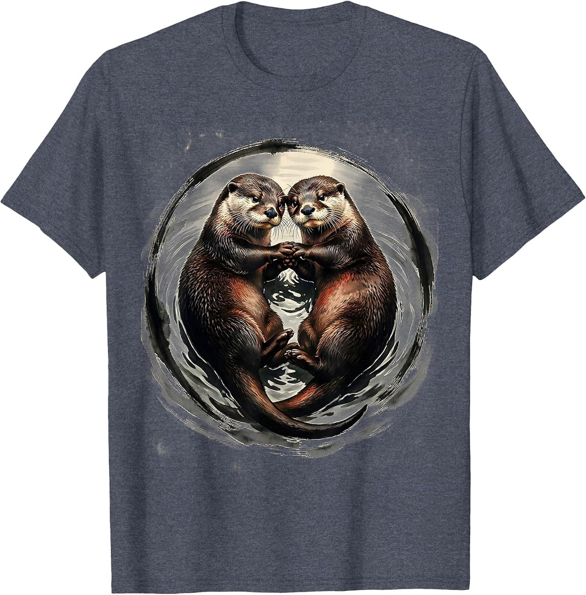 Sleeping Otters Holding Hands Cute Wildlife Art T-Shirt - Heather Blue