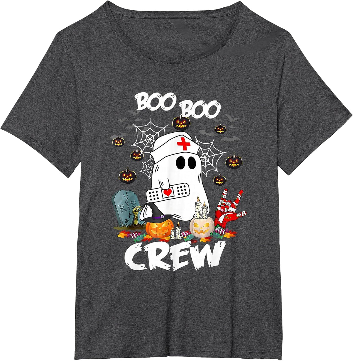 Boo Boo Crew Ghost Nurse Retro Halloween Nursing T-Shirt - Dark Heather Grey