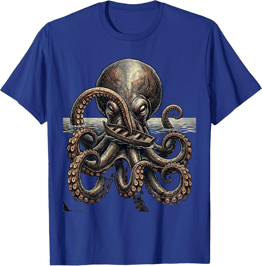Kraken Domed Tentacle Vintage Octopus Lover Illustration T-Shirt - Royal Blue